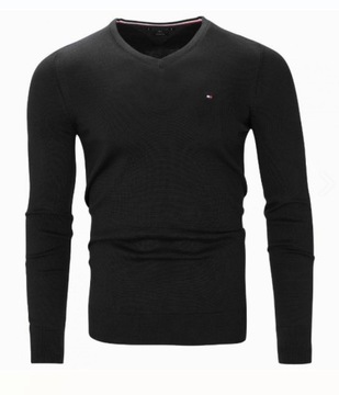 Klasyczny Męski Sweter Tommy Hilfiger V-neck Dekolt Serek Czarny r. XL