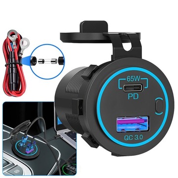 Автомобильное зарядное устройство мощностью 65 Вт, розетка USB C, разъем QC3.0