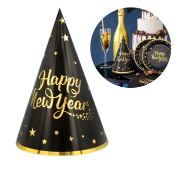 Czapeczki Sylwestrowe Happy New Year czarno złote 6 sztuk Papierowe Czapki