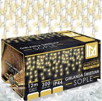 LAMPKI OZDOBNE ŚWIĄTECZNE SOPLE 300 LED 12M ZEWNĘTRZNE ŚWIATEŁKA ŚWIĄTECZNE
