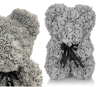 MIŚ Z RÓŻ 25 CM ROSE BEAR Z PŁATKÓW RÓŻ KOKARDA NA PREZENT SZARY
