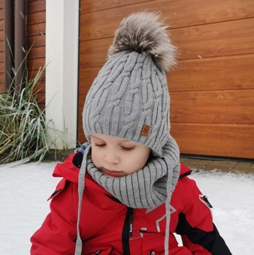 Детский зимний комплект из флисового шарфика и шапочки с помпоном, бежевый 42-44