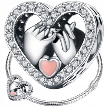 CHARMS SERCE DŁONIE srebro 925 koralik zawieszka beads cyrkonie róż srebrna