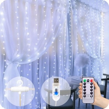 KURTYNA ŚWIETLNA LED 3x3 LAMPKI X 300 ŚWIĄTECZNE CHOINKOWE GIRLANDA NA OKNO