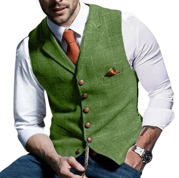 Brown Casual Gentleman Men's Green Vest Plaid