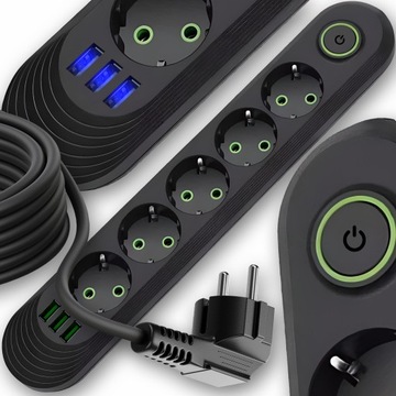 PRZEDŁUŻACZ 5M LISTWA ZASILAJĄCA 5 GNIAZD 3 USB PRZYCISK ANTYPRZEPIĘCIOWA