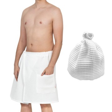 ZESTAW DO SAUNY KILT MĘSKI BISCOTTO 150x50 CZAPKA CAPELLO PORJUN BIAŁY