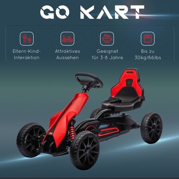 Картинг для детей 3-8 лет, регулируемое сиденье, педали, красный автомобиль.