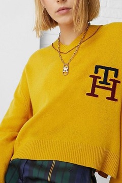 Sweter damski Tommy Hilfiger krótki wełniany musztardowy modny luźny r. XXL