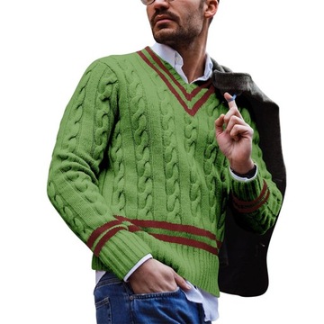 Męski Sweter W Paski Z V-neckiem I Kolorowym Wzorem Na Jesień I Zimę
