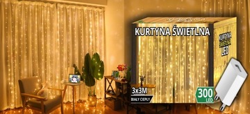 KURTYNA ŚWIETLNA CIEPŁE 300 LED 3x3 USB ŚWIĄTECZNE CHOINKOWE GIRLANDA PILOT