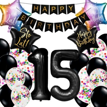 BALONY ZESTAW 15 Urodziny KOLOROWY konfetti 100 cm