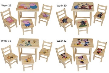 Деревянный детский стол со стульями, набор с набивными узорами.