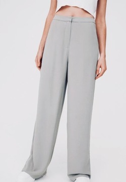 H&M lniane spodnie szerokie luźne nogawki rozcięcia palazzo długie szare L