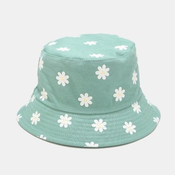 Czapka bucket hat kapelusz rybacki dwustronny zielony w stokrotki kwiatki
