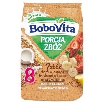 BoboVita Porcja Zbóż Kaszka mleczna 7 zbóż zbożowo-owsiana truskawka-banan