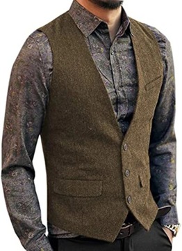 Mens Classic Herringbone Tweed Wool Suit Vest V Ne
