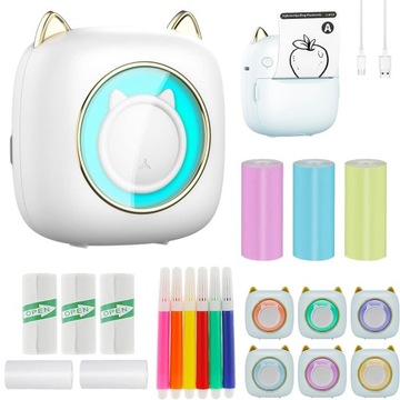 BEZPRZEWODOWA MINI DRUKARKA TERMICZNA BLUETOOTH 200DPI KOLOROWA LED+8 ROLKI