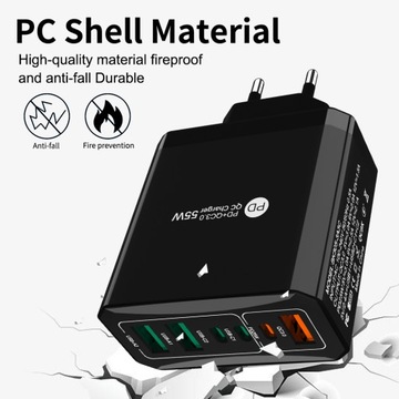 MOCNA SZYBKA UNIWERSALNA ŁADOWARKA SIECIOWA 55W PD+QC 3.0 USB x3 + USB-C x3