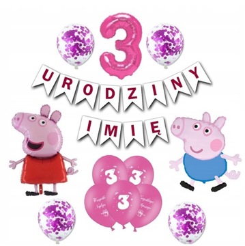 Zestaw Balony Świnka Peppa 3 Urodziny + Imię