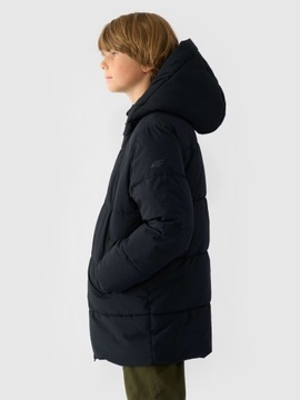 KURTKA CHŁOPIĘCA ZIMOWA 4F PŁASZCZ PUCHOW Z KAPTUREM CZARNY 164