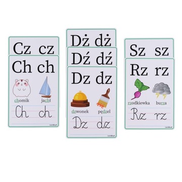 POLSKI ALFABET ZNAKI PLANSZE EDUKACYJNE DWUZNAKI 7SZT. A5 SZKOŁA PODSTAWOWA