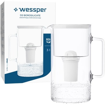 Dzbanek filtrujący szklany Wessper 3l Biały + 1x Filtr aquaclassic 77g