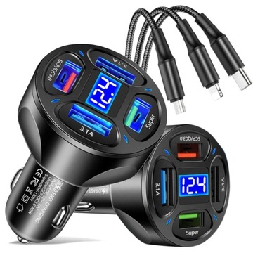 БЫСТРОЕ АВТОМОБИЛЬНОЕ ЗАРЯДНОЕ УСТРОЙСТВО 4x USB QC КАБЕЛЬ 66 Вт 3 В 1 USB C LIGHTING MICRO