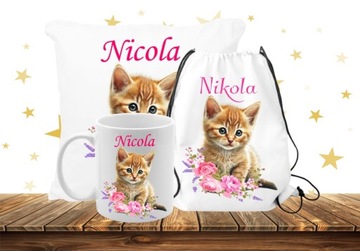 ZESTAW PODUSZKA KUBEK WOREK KOT KOTY KOTKI IMIĘ