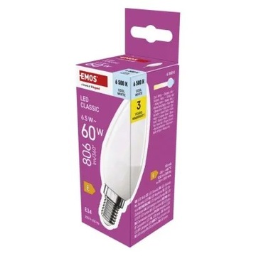EMOS ZQ3E44 Żarówka LED Classic świeczka E14 6,5W (60W) 806lm zimna biel