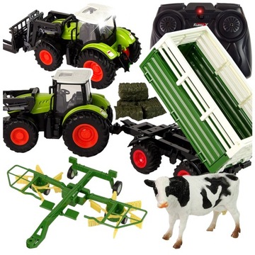 TRAKTOR ZDALNIE STEROWANY z PRZYCZEPĄ ZGRABIARKA MASZYNY ZESTAW 4W1 R/C LED