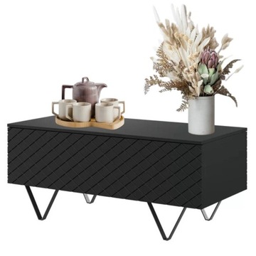 ŁAWA DO SALONU STOLIK KAWOWY CZARNY MAT GLAMOUR ryflowany z półkami 120 cm
