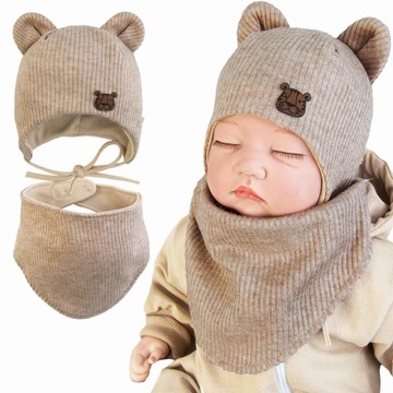 KOMPLET NIEMOWLĘCY podwójny CZAPKA BAWEŁNIANA + APASZKA wiosna jesień 42-44