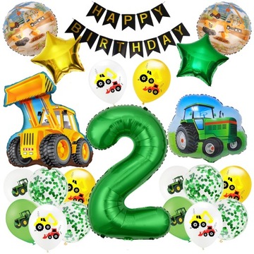 ZESTAW BALONÓW TRAKTOR KOPARKA MASZYNY CYFRA 2 LATA BALONY NA URODZINY