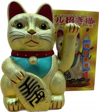 Japoński Kot Maneki-Neko Chiński Szczęścia 25cm ZŁOTY BROKATOWY