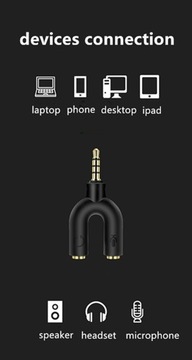 РАЗВЕТВИТЕЛЬ МИНИ-ДЖЕК 3,5 ММ ДЛЯ МИКРОФОНА, AUX НАУШНИКИ