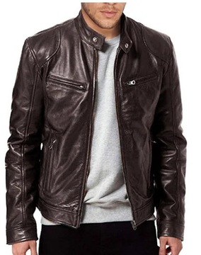 Fashion Mens Leather Jacket Slim Fit Stand Collar