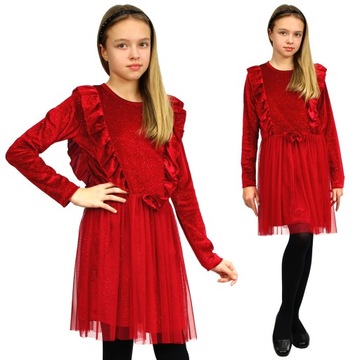 Elegancka SUKIENKA Czerwona WELUR Tiul KOKARDA 152