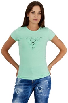 GUESS - Zielony T-shirt damski z ażurowym logo M