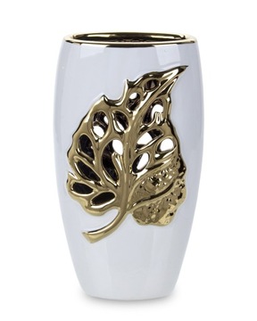 Ażurowy Wazon Ceramiczny Biały Złoty Liść osłonka