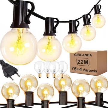 GIRLANDA LAMPKI OGRODOWA ŁAŃCUCH ŚWIETLNY 22M+75x ŻARÓWKI