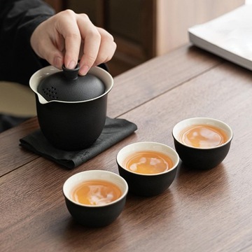 Китайский портативный чайный сервиз, термостойкий, прочный, с 3 чашками и сумкой для хранения.