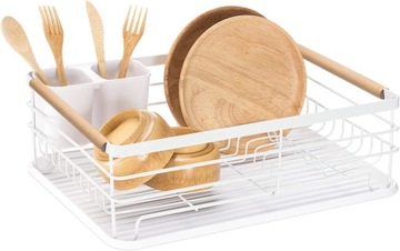 БЕЛАЯ ПОДСТАВКА ДЛЯ СУШКИ ПОСУДЫ, КАПЕЛЬНИЦА С ПОДДОНОМ, ДЕРЕВЯННЫЕ РУЧКИ