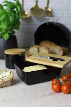 ЧЕРНАЯ ФАРФОРОВАЯ МАСЛЕНКА + НОЖ ДЛЯ МАСЛА С БАМБУКОВОЙ КРЫШКОЙ