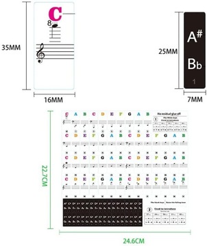 3 SZTUK NAKLEJKI NA KLUCZE FORTEPIANA PRZEWODNIK PO KLAWIATURACH