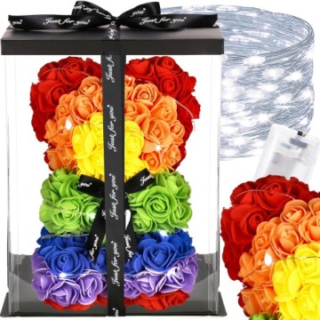 МЕДВЕДЬ С РОЗАМИ 30 СМ РОЗА МИШКА С ЛЕТЕСТЯМИ РОЗ БАНТ ПОДАРОЧНАЯ КОРОБКА+20LED