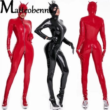 Women Sexy Wetlook Latex Catsuit with Mask PVC Fau