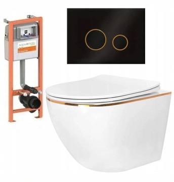 MISA WC RIMLESS ZŁOTA STELAŻ PRZYCISK SZKLANY