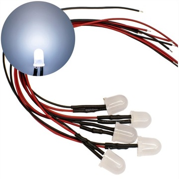 DIODY LED 12V 10mm BIAŁE ZIMNE MAT - przewody długość 20cm | komplet 5 SZT