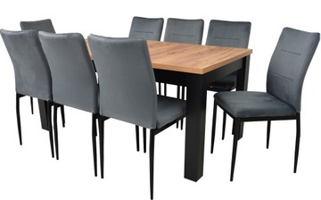 Duży zestaw Rozkładany stół 90x160/200 blat DĄB CRAFT i 8 krzeseł WELUROWE